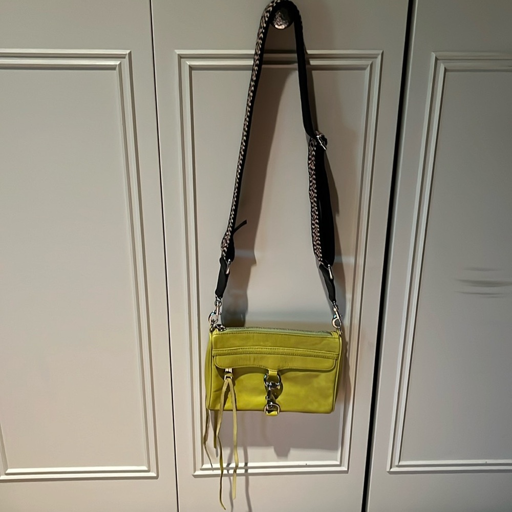 Rebecca Minkoff Bright green snake skin texture with guitar and original strap.